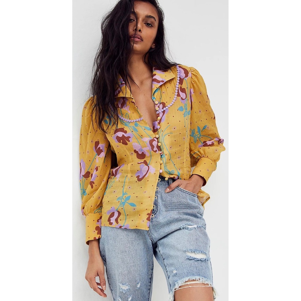 Free People Antik Batik Ossie Blouse Yellow Floral Ramie Button Up Victorian S